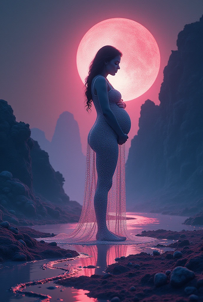 Absurd, High resolution, Ultra-detailed, (1 pregnant woman l:1. 2), Dot Painting Technique, Dotted shadow, Intricate details, Small dots, Texture Effects, subtle gradients, Fascinating craftsmanship, infrared photography, Otherworldly tones, surreal landscape, Invisible light, ethereal glow, Vivid colors, Phantom effect