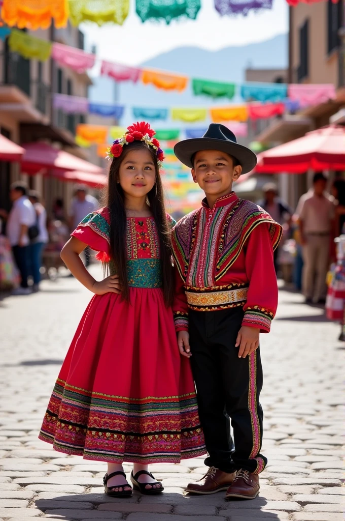 A girl and a boy surrounded by Crucean traditions while they wear the traditional costume of Santa Cruz de la Sierra