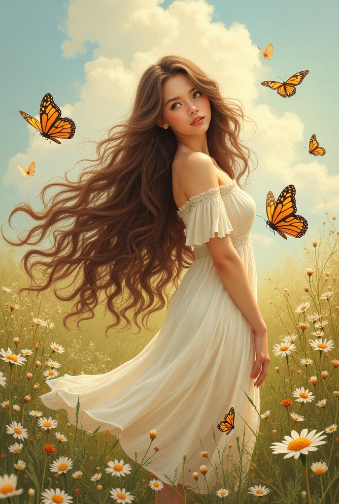 a woman with brown hair in a storybook style