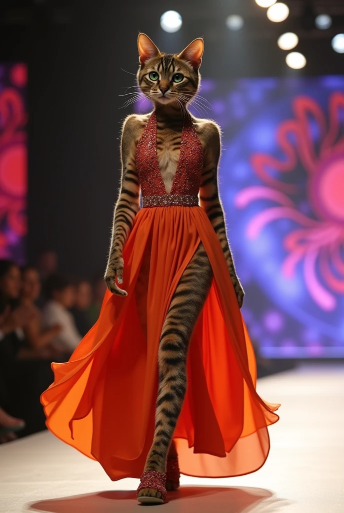 Cat
in a dress fasion show competitions wearing (((maxi dress))