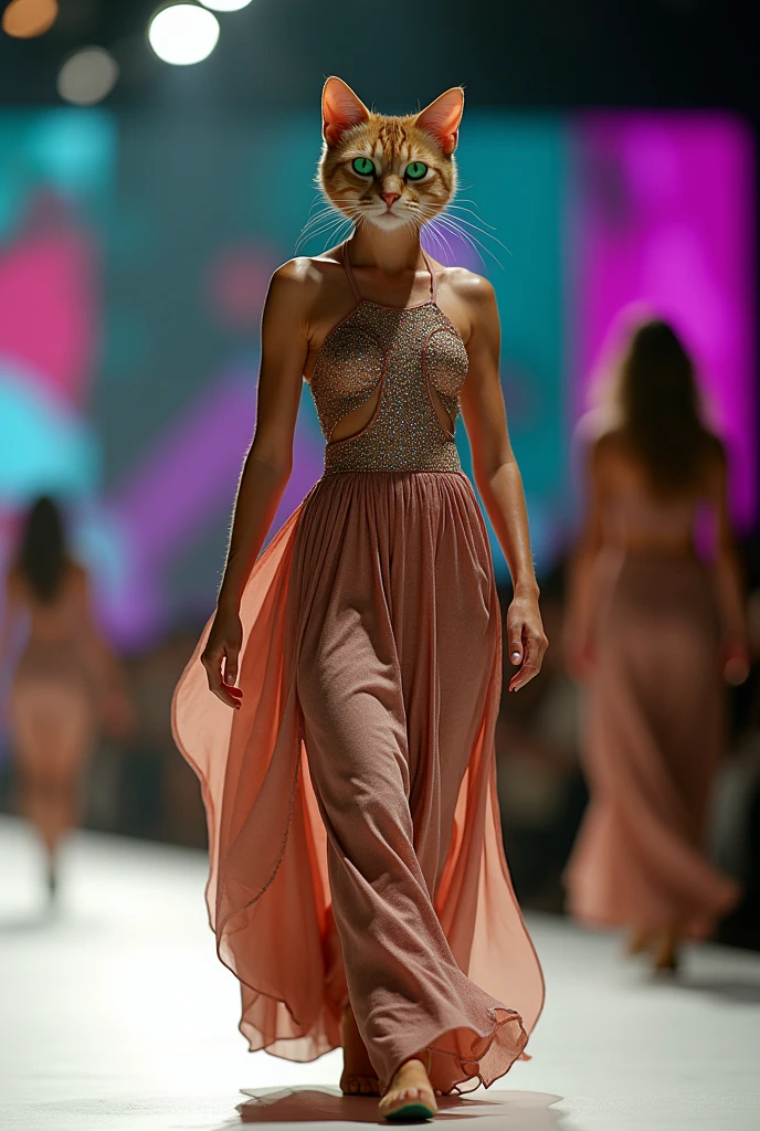 Cat
in a dress fasion show competitions wearing (((maxi dress))
