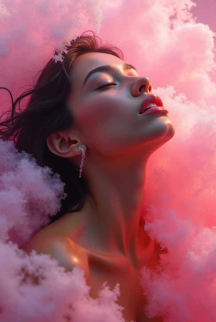 1 girl, , Underwater with pink bubbles, (18 years), (latina), Dark skin, plano general, (naked), (masterpiece, Professional lighting, 16k, 8K Wallpaper, raw photo, photorealistic:1.8, ultra detailed, natural lighting, sexy pose with detailed skin, open mouth, big lips, evening, closed eyes, pink light, vapor, pink foam