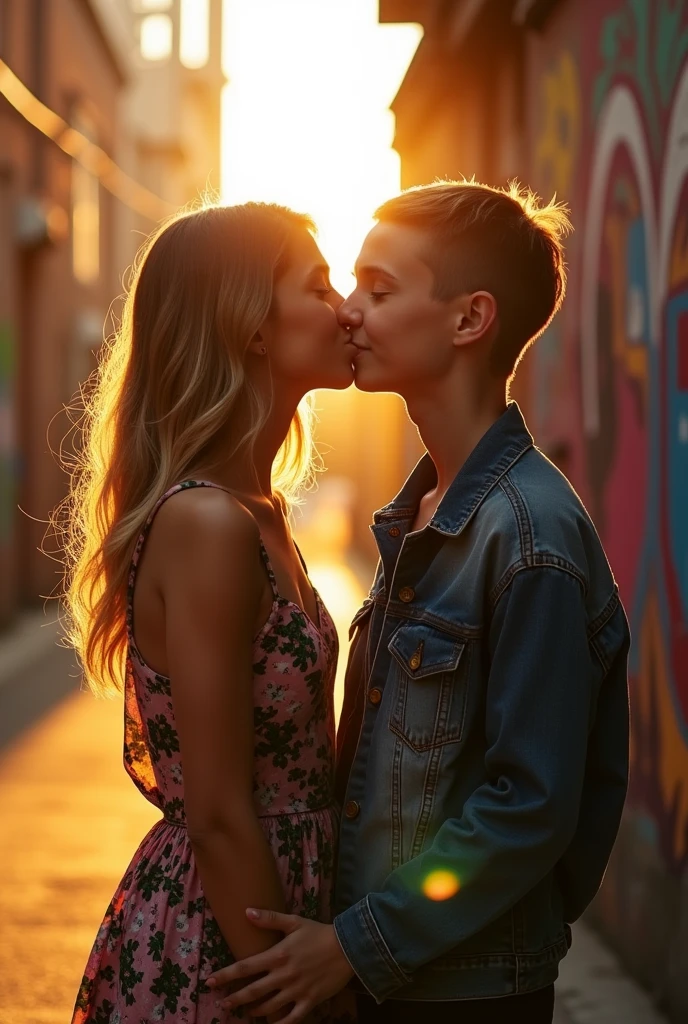 A picture of a beautiful girl kissing a tomboyish girl