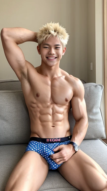 Japan Boy、Well-developed muscles and smooth skin、Pale blonde hair, spiky like Bakugou、Polka dot boxer briefs、A full body shot from toes to head、Masculine pose、Hero Academy、Open your mouth and smile boldly、with a large sofa set