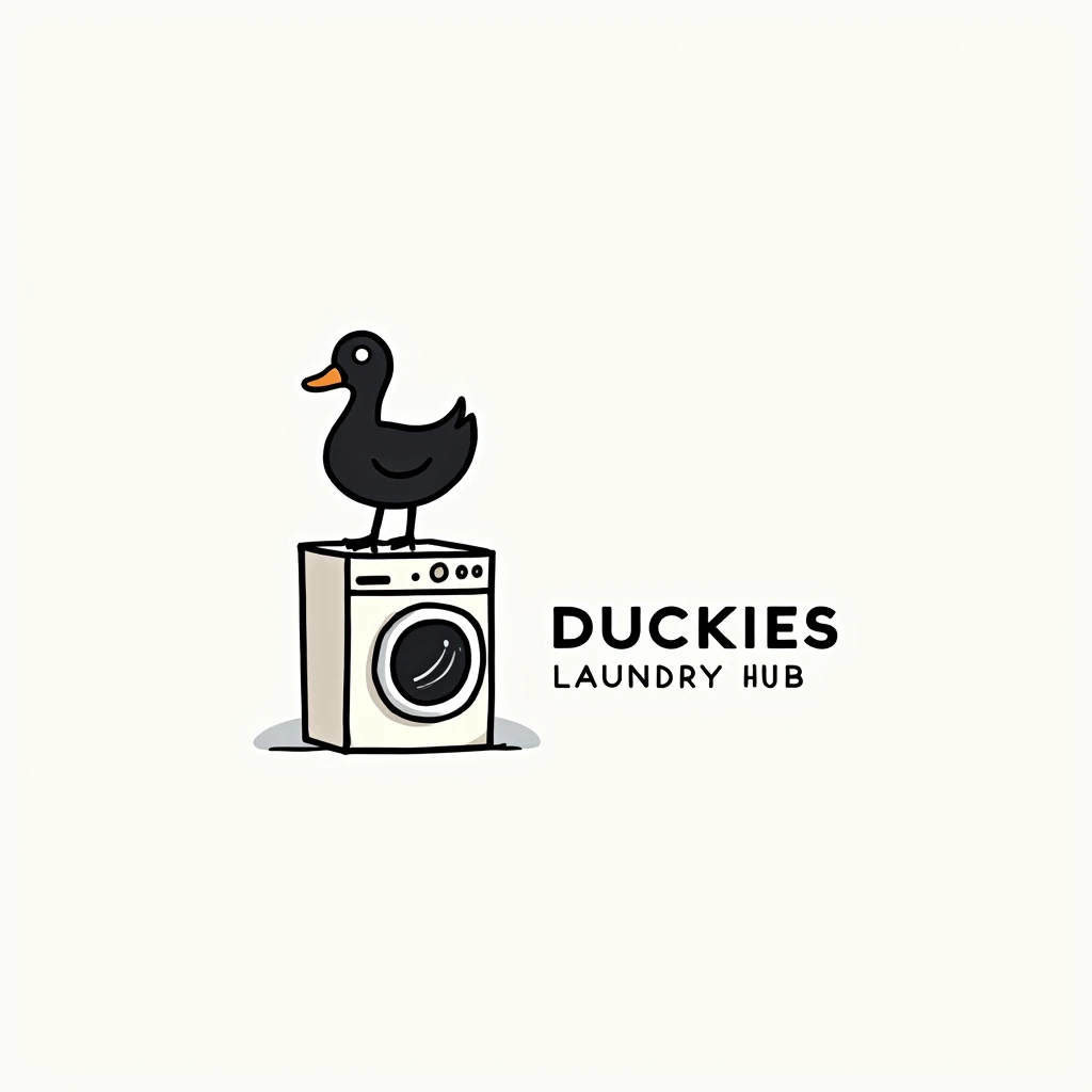 simple logo with black duck sitting above the washing machine, put caption at the right of the picture with "Duckies Laundry Hub"