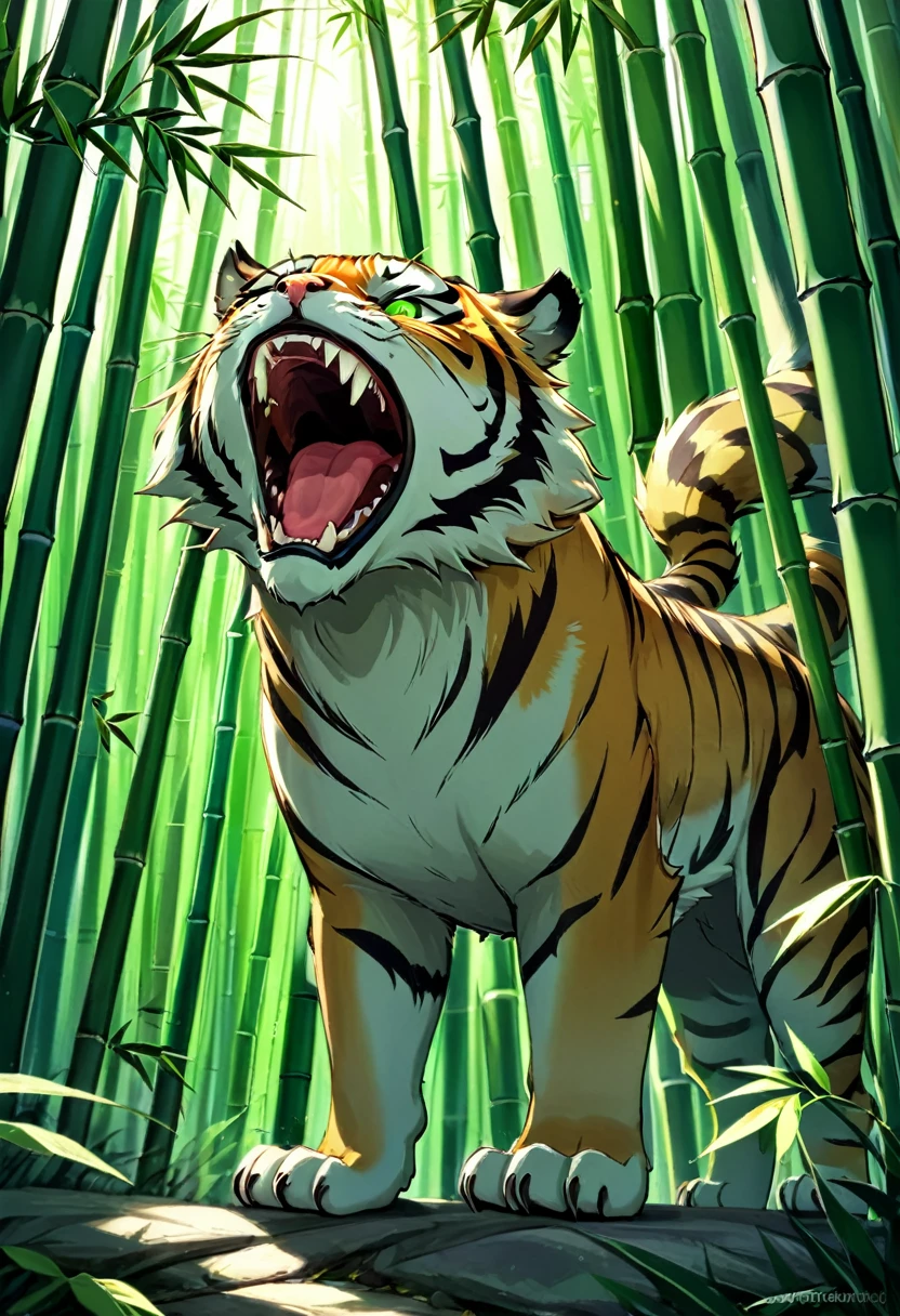 Dense bamboo forests, tigers howling, eyes glowing, fangs sharp,