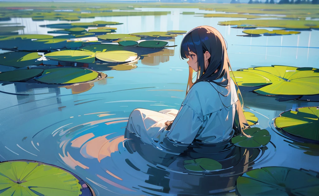 A girl on water lilies in the middle of a lake.
