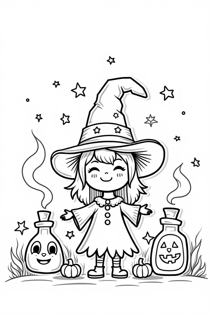 Cute and kawaii halloween witch's potions coloring Page, simple for toddlers, bold and easy, black bold lines White background, for a coloring book black and white, líne art, only outlines, but the design is simple and bold, no greyscale