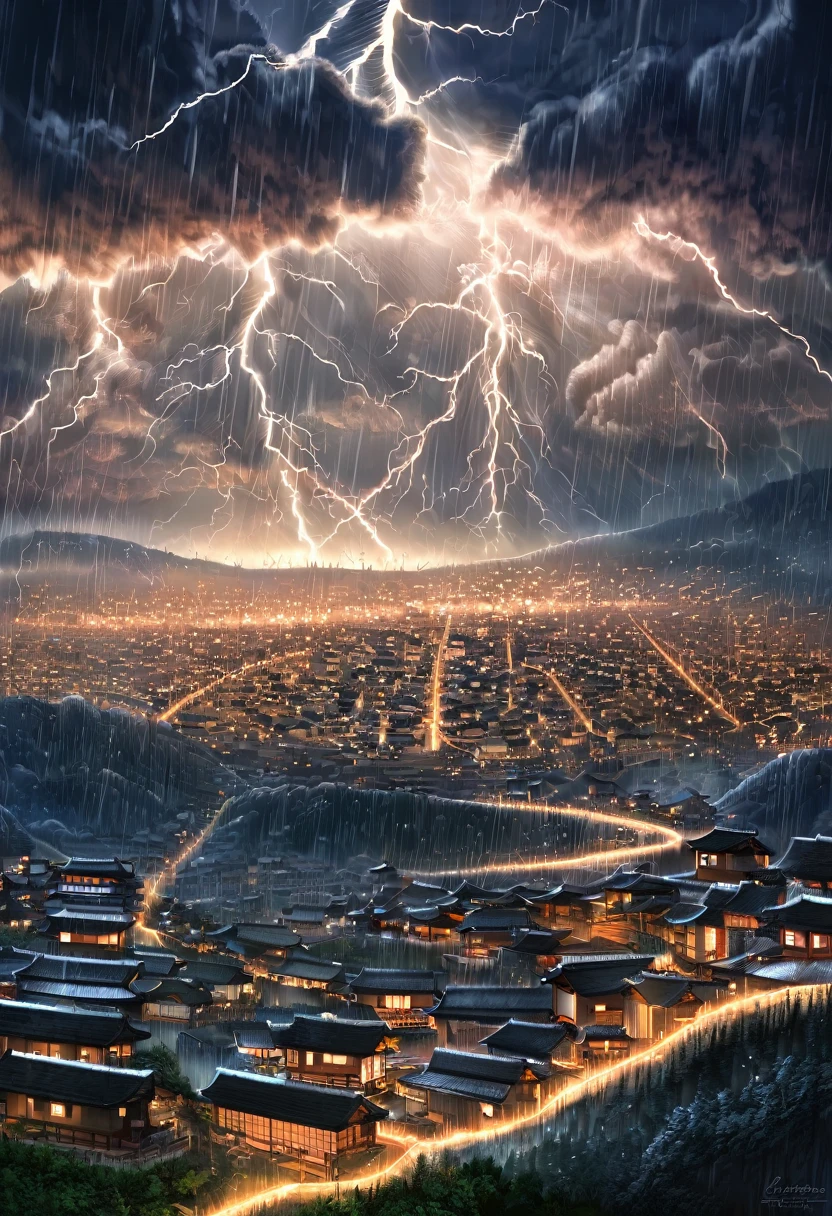 cute white fox, kimono, crying, heavy rain, thunder, lightning, sparks, halation, on a hill overlooking a rural town, (ultra detailed, absolutely resolution, best quality:1.3), 2.5D