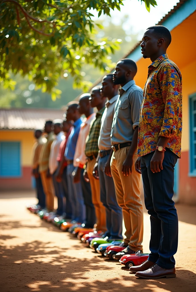 African male teachers in a queue to receive toy cars meant for