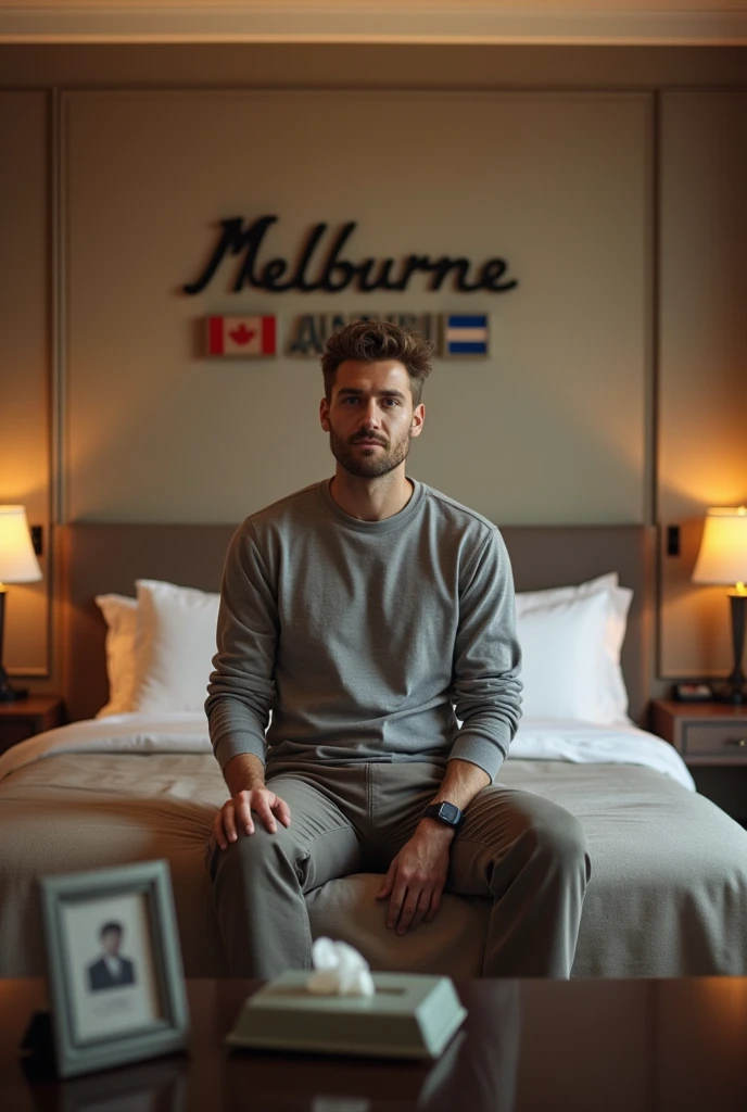 Homme caucasien grand de taille, charmant, un peu costaud, habillé en pantalon et tee-shirt manche longue, assis ou adossé sur une table dans une grande chambre d'hôtel, sur la table qu'il y ait également un papier mouchoir déjà utilisé sur la table et sur le lit de l'hôtel qu'il soit déposer un cadre photo grand ou moyen qu'il est possible de faire arrêter sur le lit et faire face à la caméra et sur le mur du chevet du lit un tableau sur lequel il est écrit en français : Melbourne AUSTRALIE et autour de la phrase qu'il y ait les emblèmes du CANADA QUÉBEC ou le drapeau du CANADA QUÉBEC