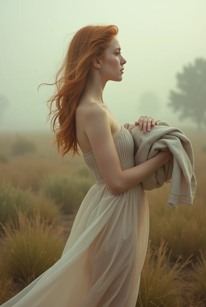 girl, age 25, Light red hair, not frontal, itchy from pubic hair, holding clothes in hands, nakeness, close, waist framing. She looks at a point beyond the viewer. Provence. haze. 超detailded.  Provence. Foggy . High grain film. retro photography, David Hamilton Style. Analog photography. grainy. nymph.