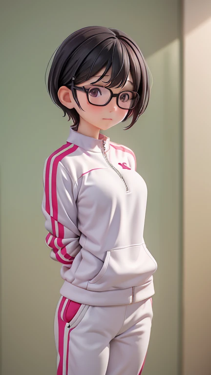 30-year-old woman、female teacher、physical education teacher、Glasses、Black Hair,、boyish、Shortcuts、Jersey、Tracksuits、Clothing patterns、Clothing Design、whole body、
