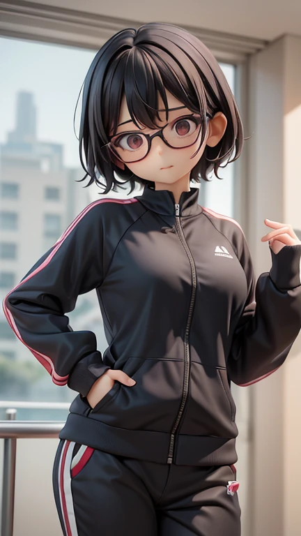 30-year-old woman、female teacher、physical education teacher、Glasses、Black Hair,、boyish、Shortcuts、Jersey、Tracksuits、Clothing patterns、Clothing Design、whole body、
