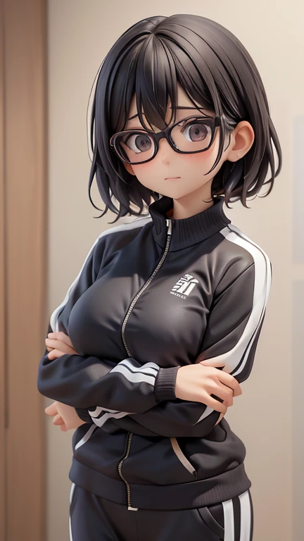 30-year-old woman、female teacher、physical education teacher、Glasses、Black Hair,、boyish、Shortcuts、Jersey、Tracksuits、Clothing patterns、Clothing Design、whole body、
