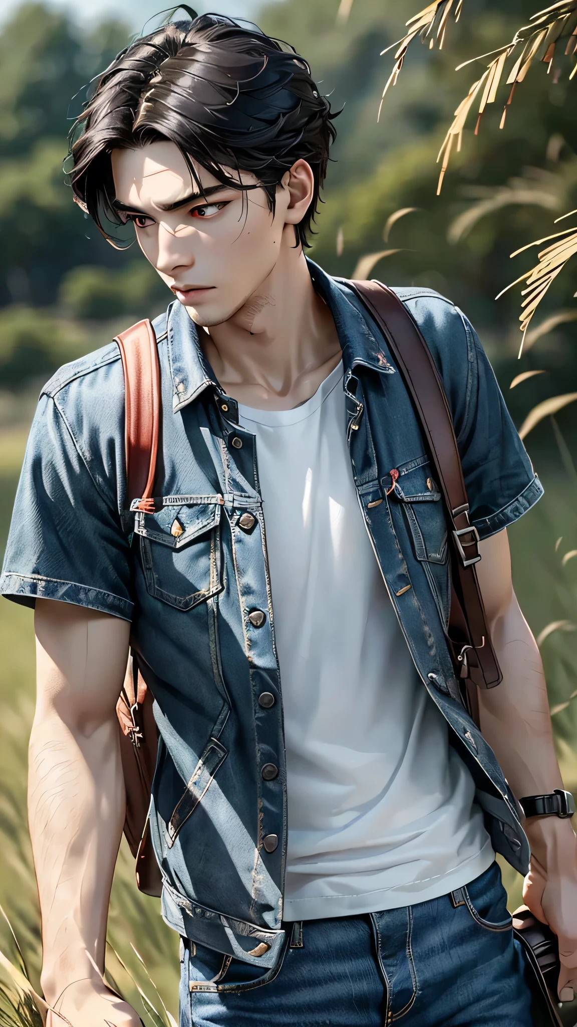 最high quality、Best image quality、masterpiece、male((18-year-old、slender、Stubble、Have a camera、White shirt、Red eyes、all back、Black Hair、Fighting Pose、Black rider jacket、Blue denim trousers、Black Rucksack、Stubble、Show the whole body))high quality、Beautiful art、background((grassland、Strong winds)),Tabletop、Exquisite design、Visual Arts、Written boundary depth、Best lighting、Highest detail、8k