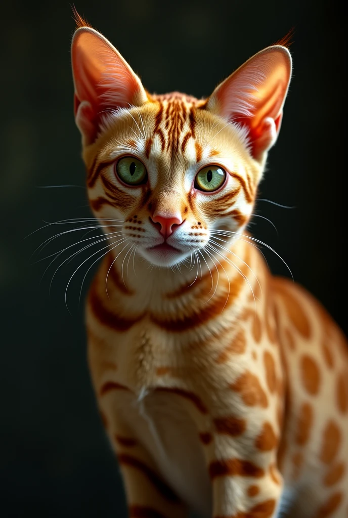 Image of red spotted delmon cat, muscular, 1920s, handsome, detailed face, looking at camera, realistic, 8K Ultra HD, high quality