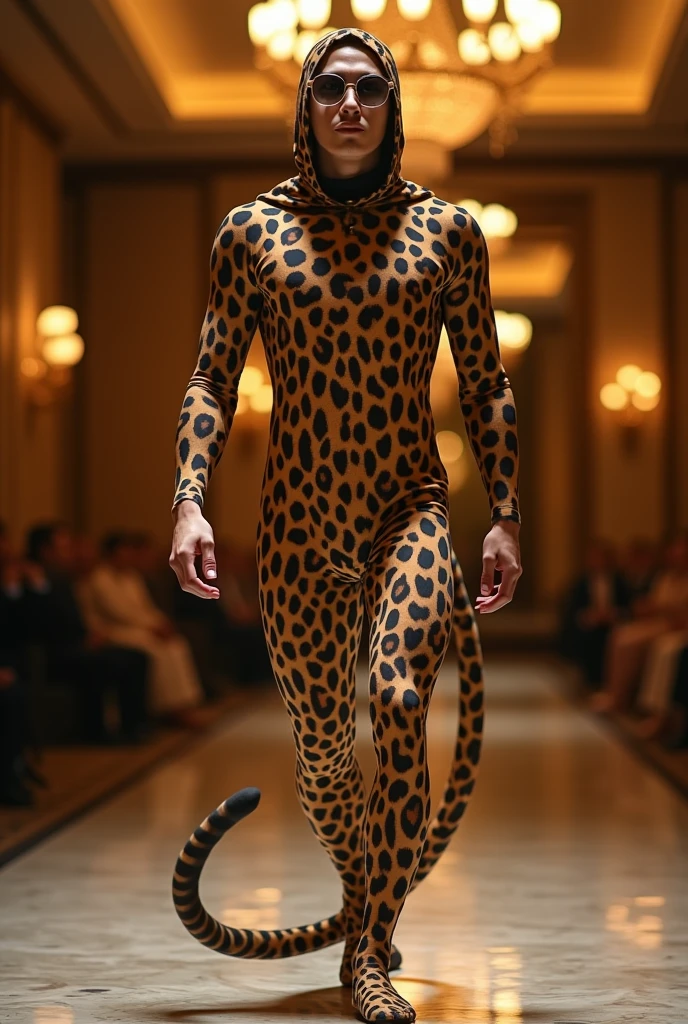 A most beautiful and thin 28 years old chinese contortion boy wearing a black glasses wears clouded leopard Lycra turtleneck unitard catsuit covered with large seamless spots.He has a long clouded leopard tail.He always wear clouded leopard Lycra dancewear hijab-like hood.He has beautiful cheeks on her face.He is take part for contortion performance.He performs contortion at hotel.He is my famous contortionist.