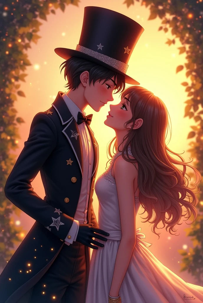 Tall boy, handsome, dressed like a magician, Girl, low, long brown hair, A boy and girl kissing is a magician, Romance Club game style 