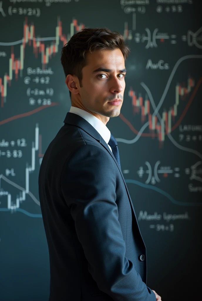 Create a professional profile picture for a forex trader. The background should feature a chalkboard filled with economic formulas and trading charts, giving an impression of deep financial knowledge. In the foreground, depict a young man wearing a suit, exuding professionalism and confidence. The young man should be posed as if he’s analyzing or explaining the information on the chalkboard, with a focused and determined expression