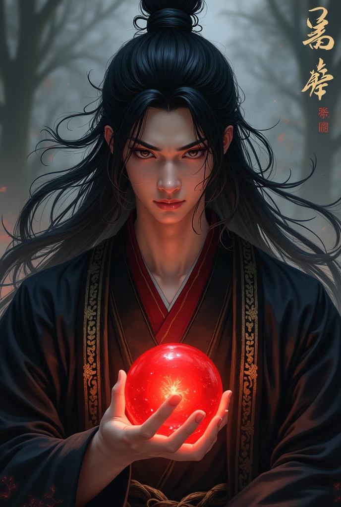 masterpiece, best quality, 4k, UHD, bishoujo, painting, striking gaze and intricately detailed face, illustration, stunningly detailed, high resolution illustration, single radiant red energy ball, 1 man with an immortal-like appearance, long flowing black hair, styled in a anime protagonist fashion, luminous dark eyes that seem to hold ancient wisdom, traditional black kimono with golden stripes, expressionless yet commanding, ethereal aura surrounding him, dark, atmospheric background reminiscent of Dark Souls, shadowy landscapes with creeping mist, softly glowing red energy ball cradled in one hand, poised with an air of timeless confidence, mystical energy, (Impressionism:1.4)
