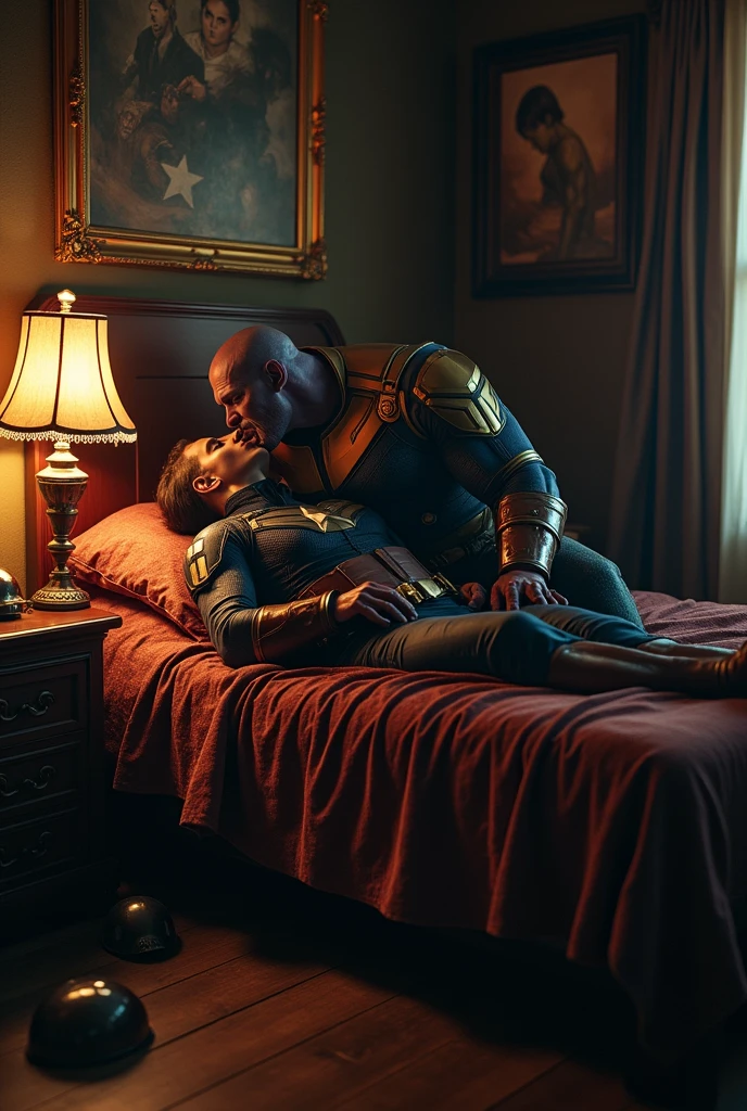 Thanos kissing Captain America in bed