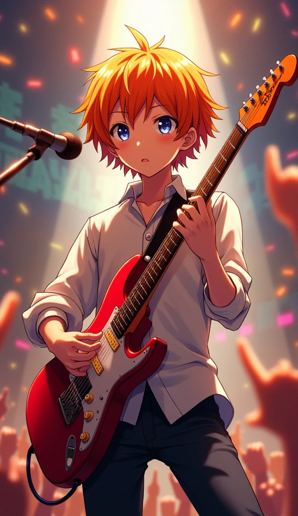 masterpiece,best quality,1boy,satou_mafuyu,orange hair,looking at viewer,solo focus,scene,microphone,red electric guitar,singing,
