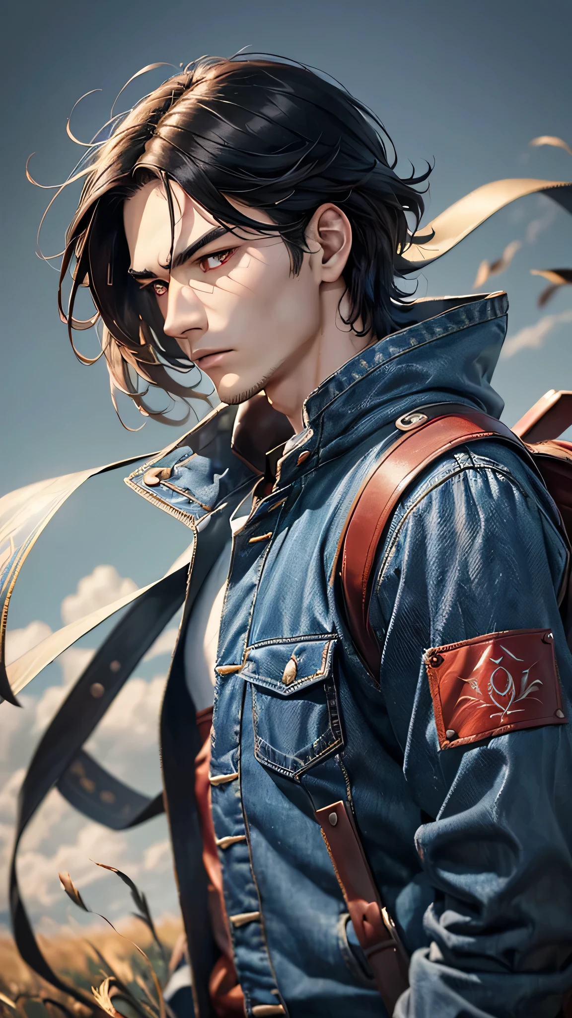 最high quality、Best image quality、masterpiece、male((18-year-old、slender、Stubble、Have a camera、White shirt、Red eyes、all back、Black Hair、Fighting Pose、Black rider jacket、Blue denim trousers、Black Rucksack、Stubble、Show the whole body))high quality、Beautiful art、background((grassland、Strong winds)),Tabletop、Exquisite design、Visual Arts、Written boundary depth、Best lighting、Highest detail、8k