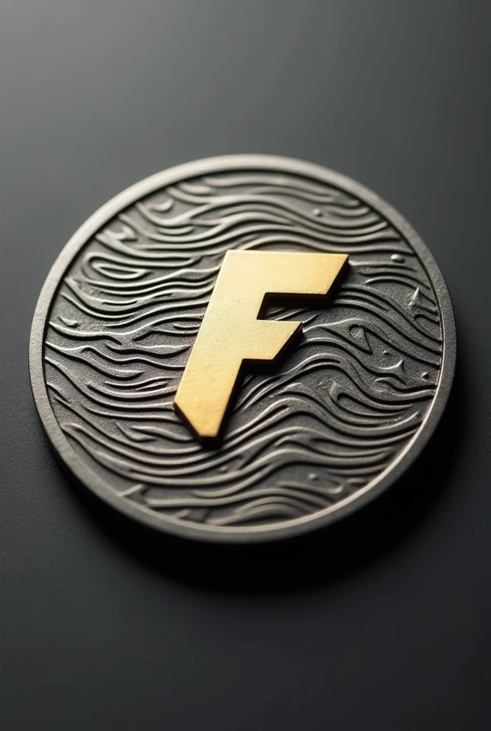 The Flex Coin is round, approximately 40 mm in diameter and 3 mm thick. On the obverse side in the center is a stylized "F" symbol resembling a lightning bolt or arrow, symbolizing speed and dynamism. The background of the coin is textured in a wavy or energy pattern emanating from the center. The color of the coin is matte silver, while the "F" symbol is in a contrasting gold or bronze hue. There are no inscriptions around the circumference to emphasize the minimalism and purity of the design.