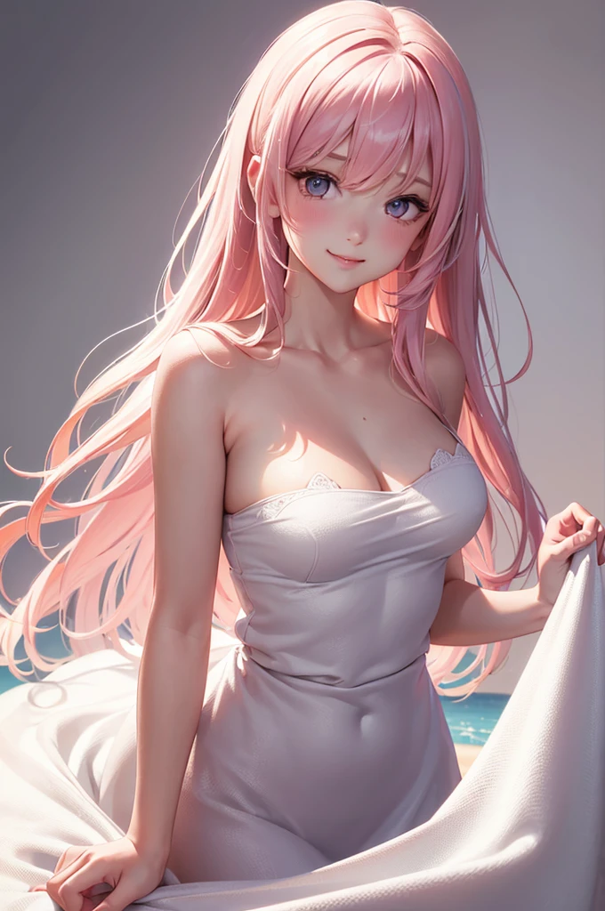 Best Quality,High resolution,8k,(plain white background, no patterns, no textures, just a plain white background:1.3),Masterpiece:1.2),beautiful girl,(Shiny pink hair),messy hair,Beautiful pink eyes,black fluffy towel dress:1.2,Wrap a bath towel,Gentle look,A refreshing look,smile,Best quality,Best Quality,Aesthetic and aesthetic:1.2,Best details((Super detailed))(High-definition CG illustrations),Slender body,smile,blush,cute,Scrounge,Looking up,Being spoiled,super model,wariza