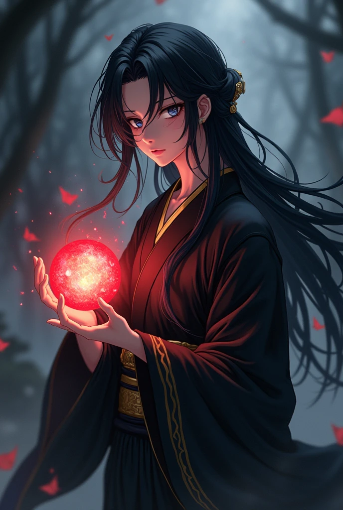 masterpiece, best quality, 4k, UHD, bishoujo, painting, striking gaze and intricately detailed face, illustration, stunningly detailed, high resolution illustration, single radiant red energy ball, 1 man with an immortal-like appearance, long flowing black hair, styled in a anime protagonist fashion, luminous dark eyes that seem to hold ancient wisdom, traditional black kimono with golden stripes, expressionless yet commanding, ethereal aura surrounding him, dark, atmospheric background reminiscent of Dark Souls, shadowy landscapes with creeping mist, softly glowing red energy ball cradled in one hand, poised with an air of timeless confidence, mystical energy, (Impressionism:1.4)