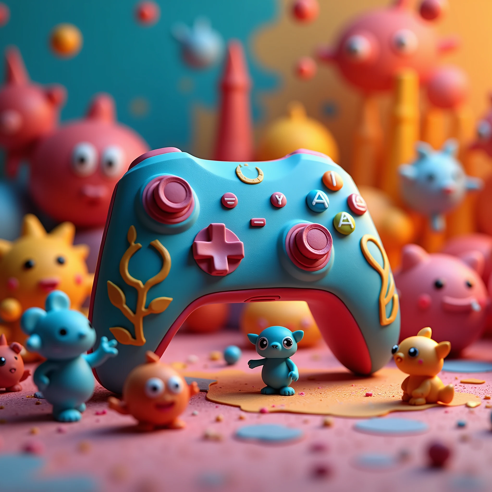 création d'une manette de jeu vidéo en pâte à modeler posé au sol ultra réaliste et détaillé. Arrière plan multicolore en pâte à modeler. Avec beaucoup de figurines placé à côté de la manette en pâte à modeler. Résolution 4k. Chef d'oeuvre. Art numérique.