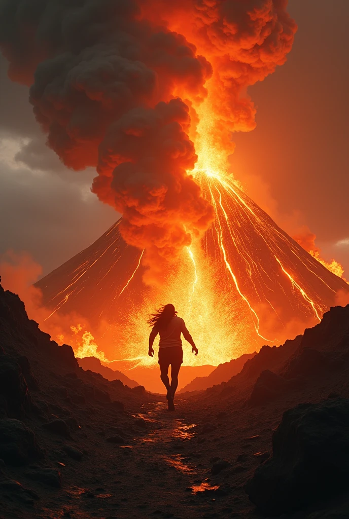 A large volcano is continuously erupting, with thick smoke clouds filling the sky. It appears a human is trying to escape, but is caught again by the flames and thrown into the crater.