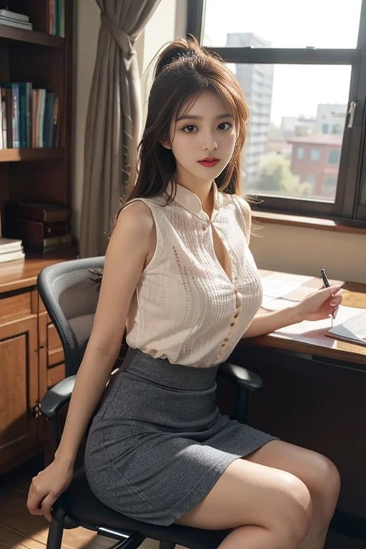 1 Girl,office,Sitting at the desk,Soft Light,Chinese Beauty,Tight Fit,Openwork long skirt,