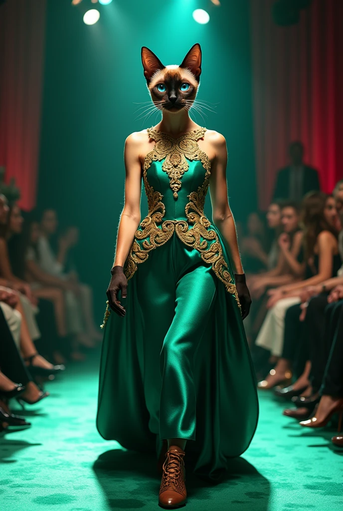 a cat wearing a beautiful dress,on a fashion show runway,highly detailed,photorealistic,professional photography,elegant,glamorous,dramatic lighting,high quality,8k