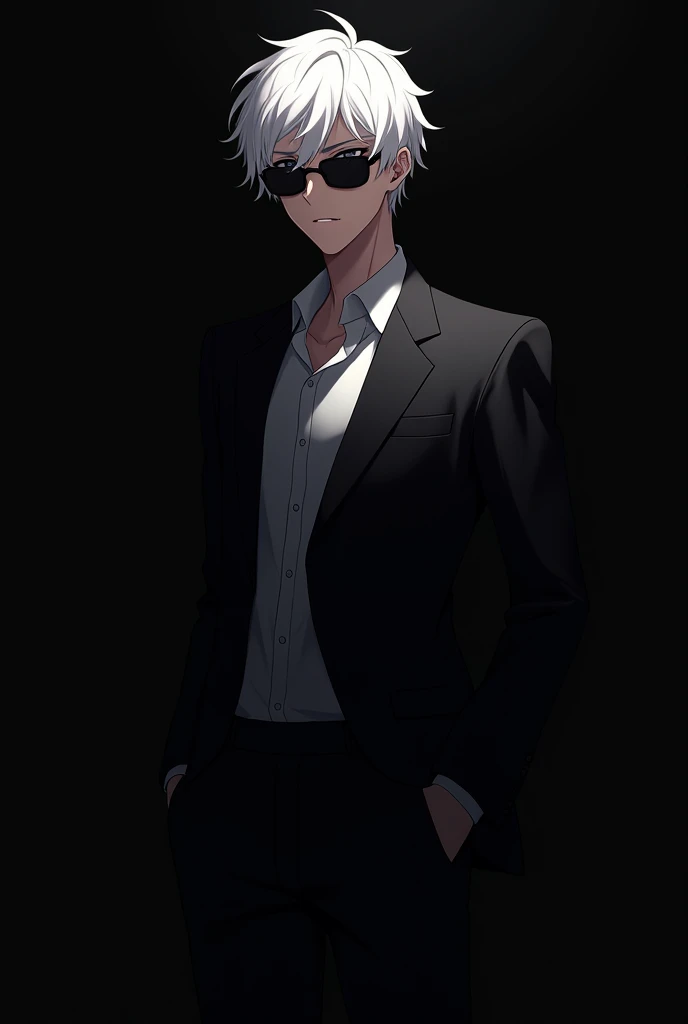 Anime 20 years old Boy wearing black suit ang black shades with white hair, plane black background 