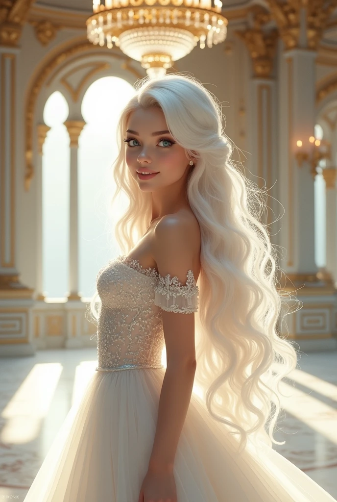 Princess in white dress、white hair、light blue、palace、pretty girl、beautiful、shine、droopy eyeole、ｍore、transparency、detailed face、（High quality）、long hair、smile