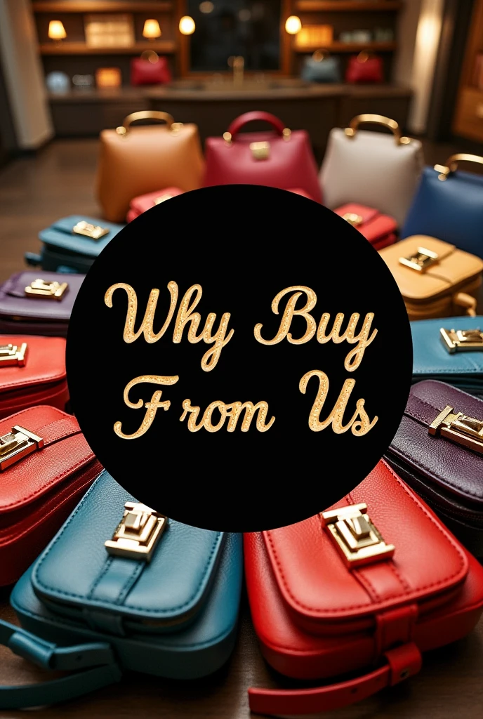 Create a realistic image full of luxury bags and weite "Why buy from us" in the centre of image in a circle