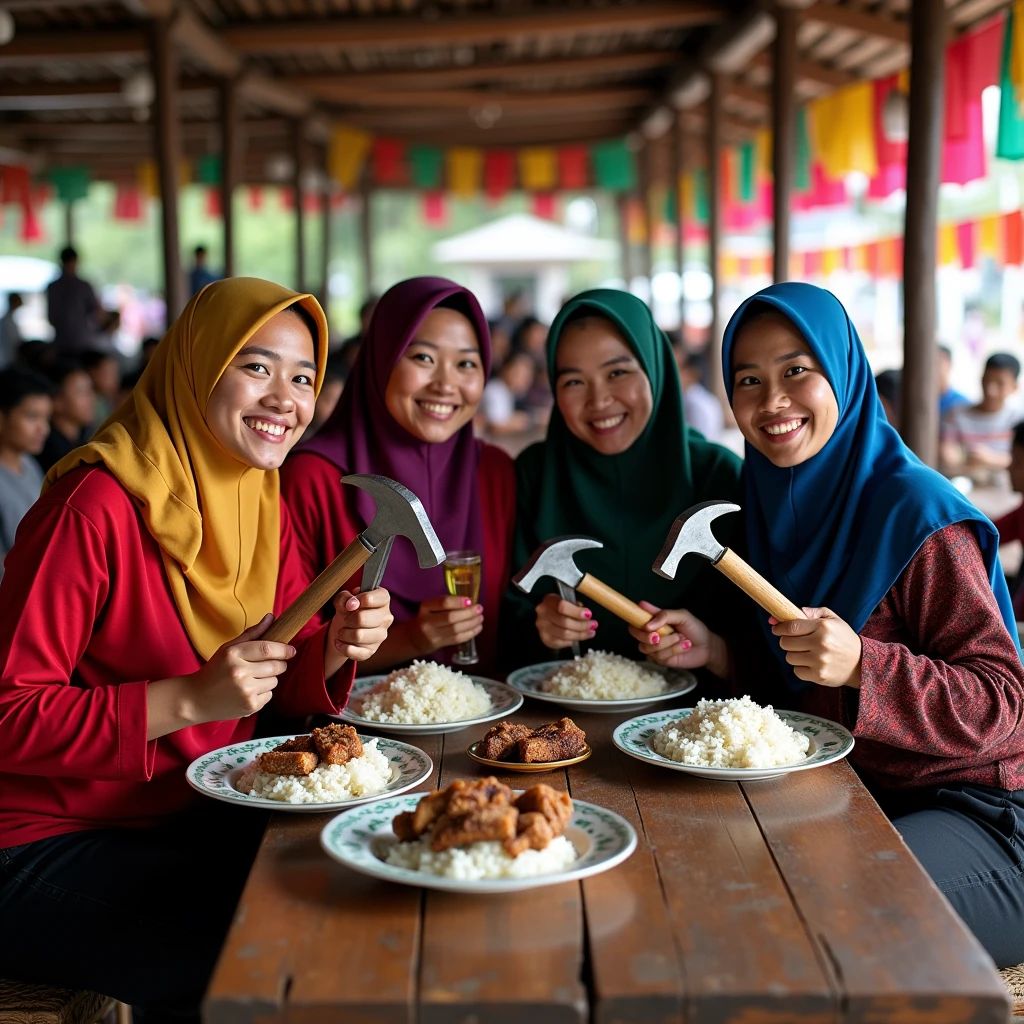 4 beautiful Indonesian women wearing hijab, wearing a hoodie and long pants, sitting behind a table and on top of the table there's rice with giant crocodile meat as the side dish, holding a large hammer and pliers in their hands, The location is at a crowded warung (stall)