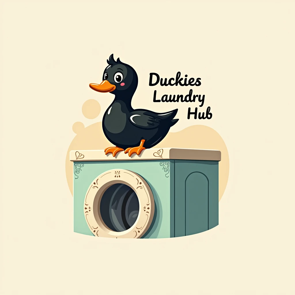 simple logo with black duck sitting above the washing machine, put caption at the right of the picture with "Duckies Laundry Hub"