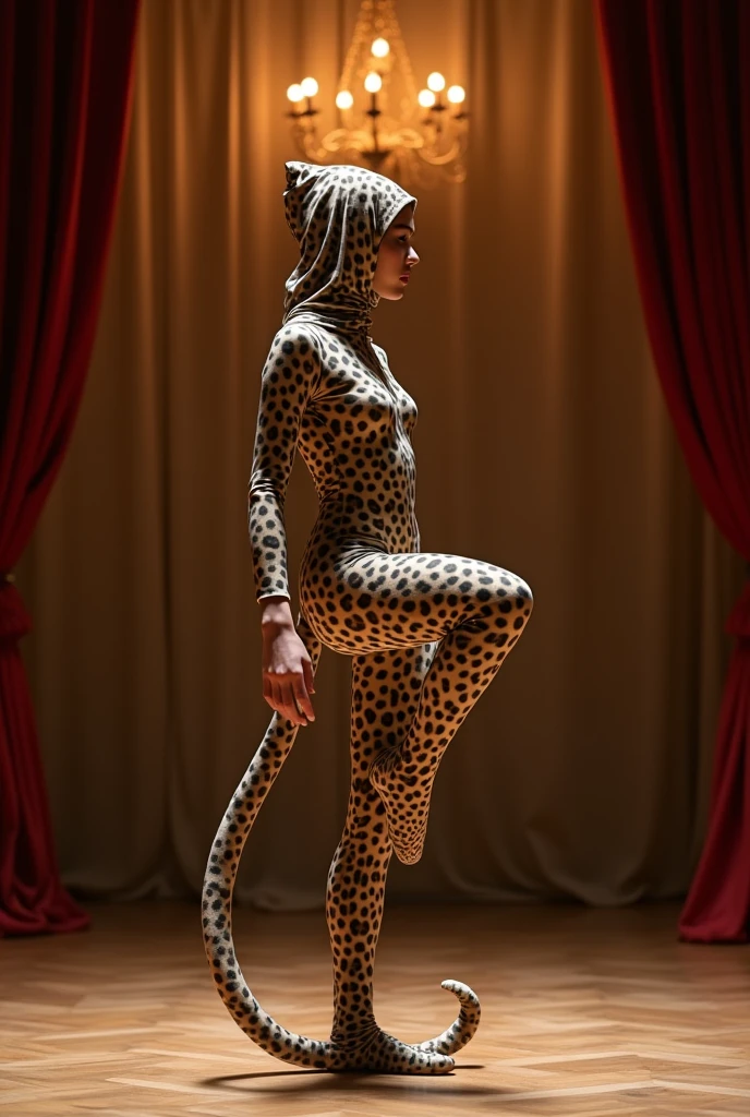 A most beautiful and thin   chinese contortion boy wearing a black glasses wears clouded leopard Lycra turtleneck unitard catsuit covered with large seamless spots.He has a long clouded leopard tail.He always wear clouded leopard Lycra dancewear hijab-like hood.He has beautiful cheeks on her face.He is take part for contortion performance.He performs contortion at hotel.He is my famous contortionist.