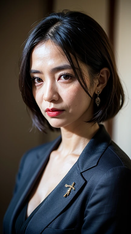 Ultra-Realistic Capture,High Resolution,Masterpiece,PHOTORealistic,Realistic,4k,Elderly Japanese business woman with face covered in ,63 years old,straight black hair with grizzled hair,earrings,rough skin,wrinkles around eyes,nasolabial folds,red lipstick,anguished expression,formal satin dark blue women's suit,male point of view,staring into camera,