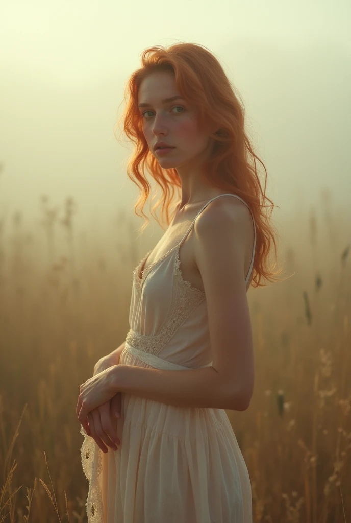 girl, age 25, Light red hair, naked, itchy from pubic hair, holding his clothes in his hands, nakeness, close, waist framing. She looks at a point beyond the viewer. Provence. haze. 超detailded.  Provence. Foggy . High grain film. retro photography, David Hamilton Style. Analog photography. grainy. nymph.