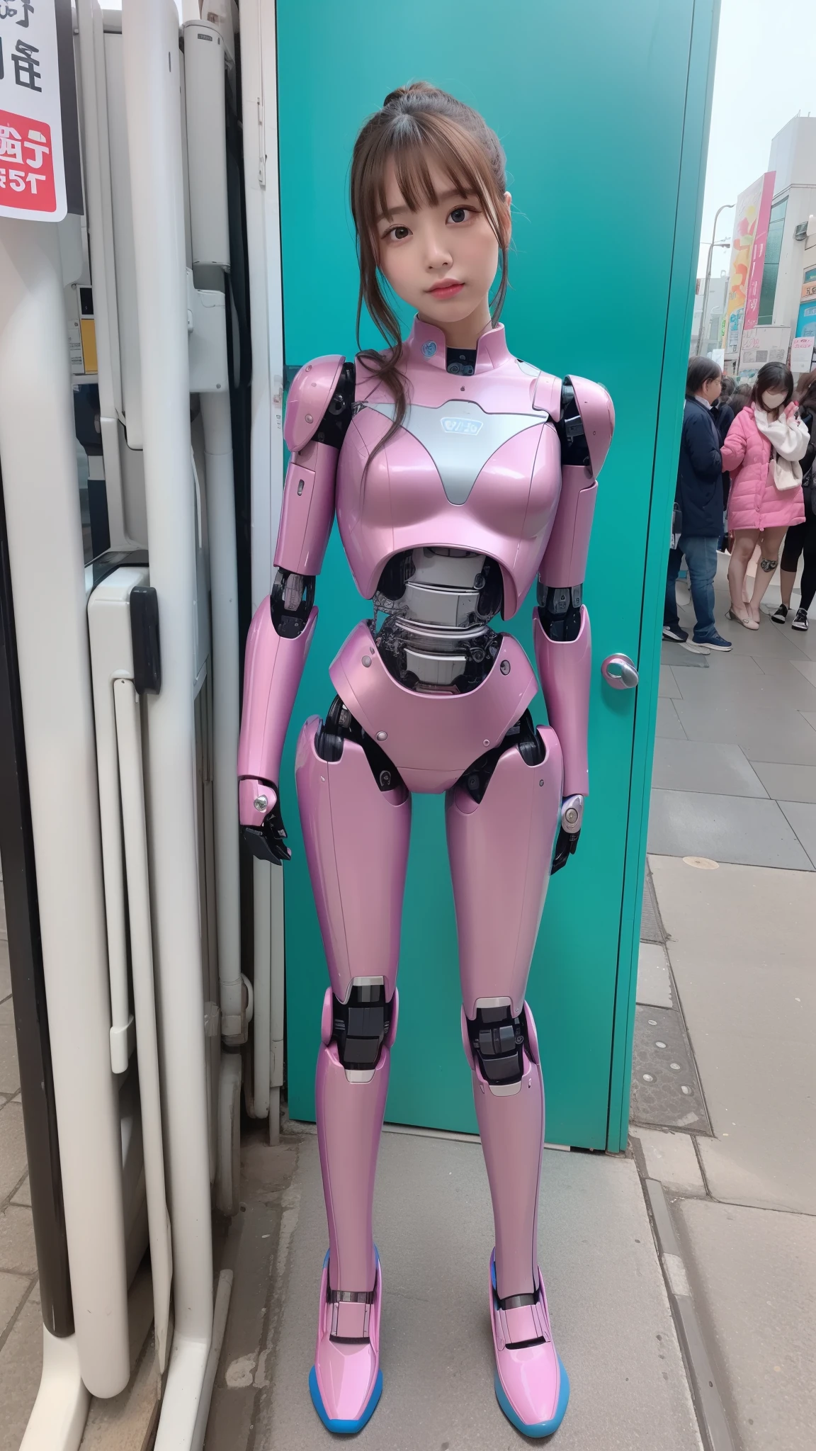 (Photorealsitic:1.4)、one robot woman、(top-quality)、(hyperdetailed face)、(Super well-formed face)、(Robot Parts)、(Female-Robot)、(25 years-old)、(Blue)、(pink there)、(Burgundy)、(metallic)、(full-body)、(sexy pose)、(Slender body)、(Model body type)、(full body mech)、(street of Akihabara)、(is looking at the camera)、(A brown-haired)、(Well-proportioned body)、(a small face)、(a small head)、(well-groomed fingers)、(Idol)、(front facing)、(Standing with legs open)、(Photo session)、(Looks sad)、(perfect-female-robot)、(perfect-mechanical-body)