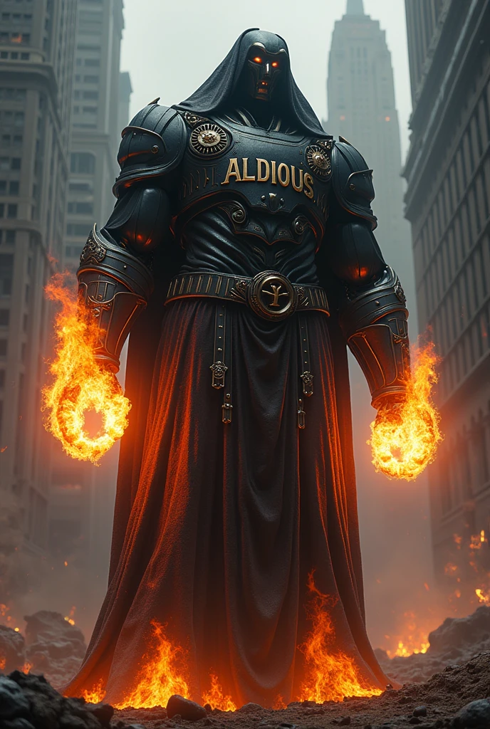 The Robot wore a robe inscribed with "ALDOUS",his hands were burning with fire