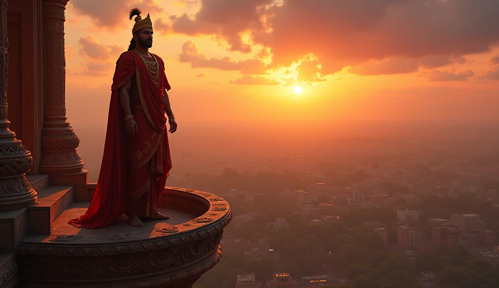 A final scene of king Samudragupta looking out over his empire from a high balcony, with the sun setting behind him."