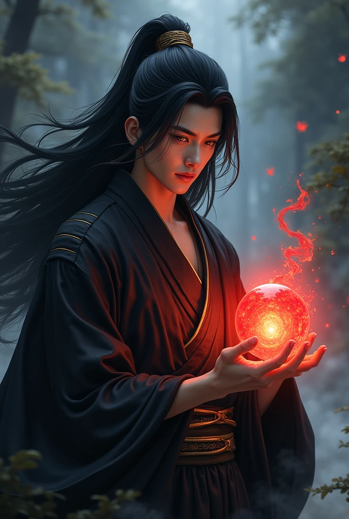 masterpiece, best quality, 4k, UHD, bishoujo, painting, striking gaze and intricately detailed face, illustration, stunningly detailed, high resolution illustration, single radiant red energy ball, 1  man with an immortal-like appearance, long flowing black hair, styled in a anime protagonist fashion, luminous dark eyes that seem to hold ancient wisdom, traditional black kimono with golden stripes, expressionless yet commanding, ethereal aura surrounding him, dark, atmospheric background reminiscent of Dark Souls, shadowy landscapes with creeping mist, softly glowing red energy ball cradled in one hand, poised with an air of timeless confidence, mystical energy, (Impressionism:1.4)