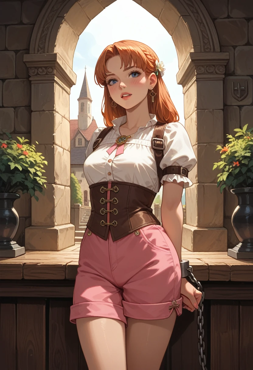 A young woman in a medieval setting is bound in a spread-eagle position on a large wooden cross-shaped frame. She is wearing a light, short-sleeved blouse and pink shorts. Her wrists and ankles are shackled with iron cuffs attached to the frame. The setting appears to be an old, sunlit courtyard with stone statues in the background, casting dramatic shadows. The expression on her face is a mix of determination and vulnerability. The scene is detailed with realistic lighting and intricate textures on the wooden frame and stone surroundings