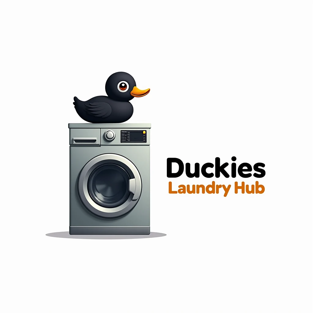 simple logo with black duck sitting above the washing machine, put caption at the right of the picture with "Duckies Laundry Hub"