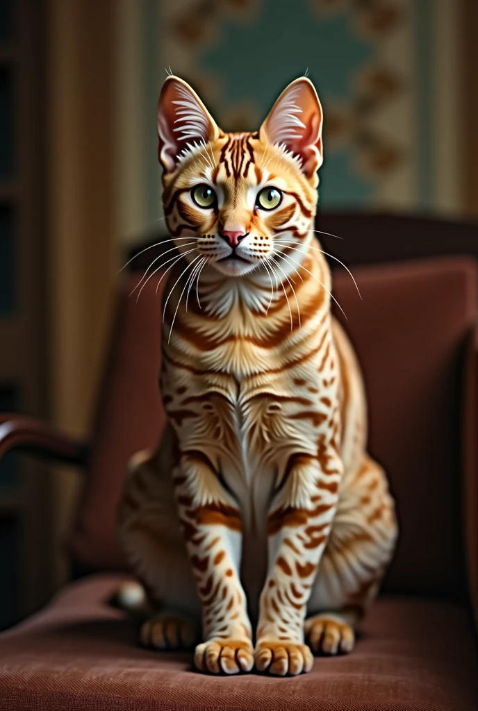 Image of red spotted delmon cat, muscular, 1920s, handsome, detailed face, looking at camera, realistic, 8K Ultra HD, high quality, full body